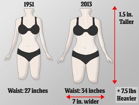 現(xiàn)今英國女性的平均腰圍已從1951年時的68厘米上升到86厘米，而胸圍和臀圍并沒有相應(yīng)增加，因此體型更接近于長方形