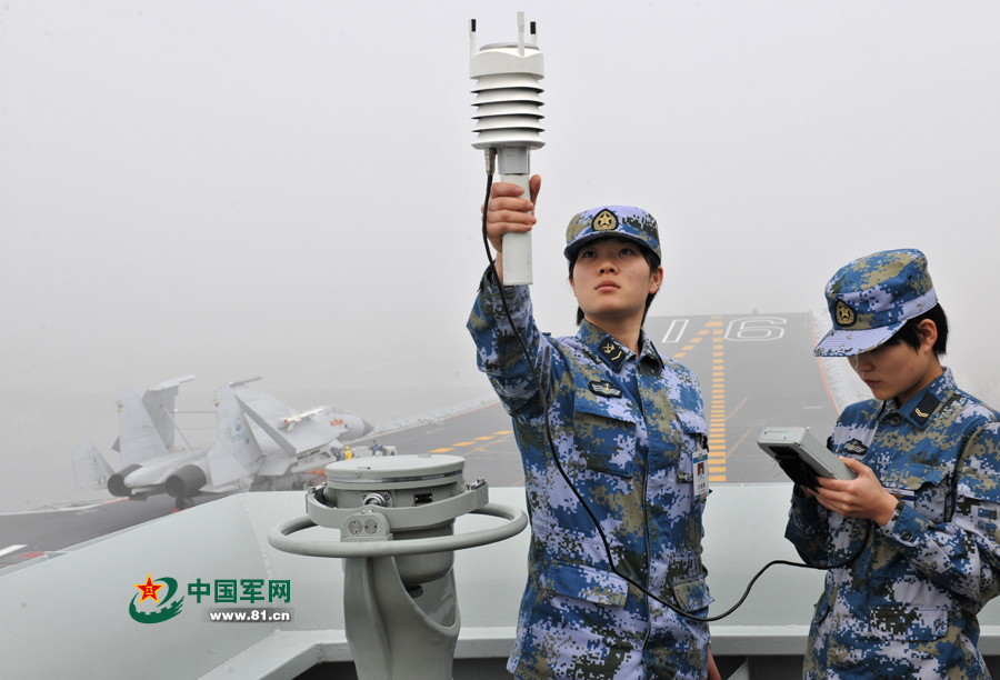 飛行前氣象值班女艦員進(jìn)行風(fēng)力參數(shù)測定。本網(wǎng)通訊員 王松岐 攝